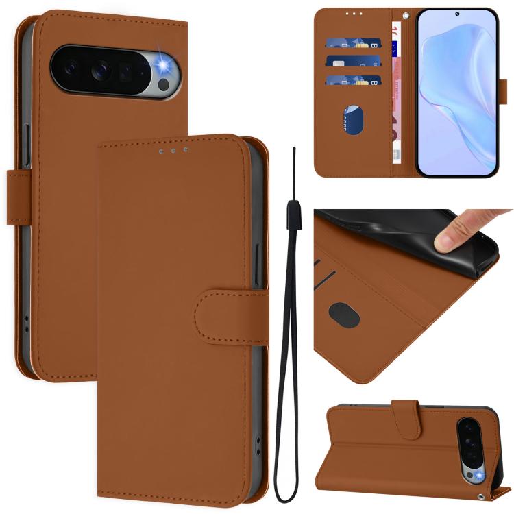 

For Google Pixel 11 Pro XL Skin Feel Solid Color Leather Phone Case with Lanyard(Brown)