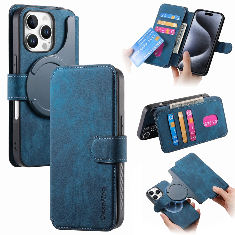 

For iPhone 16 Pro CaseNeo MagSafe RFID Anti-theft Retro Leather Phone Case(Blue)
