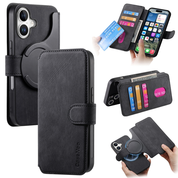 

For iPhone 16 Plus CaseNeo MagSafe RFID Anti-theft Retro Leather Phone Case(Black)