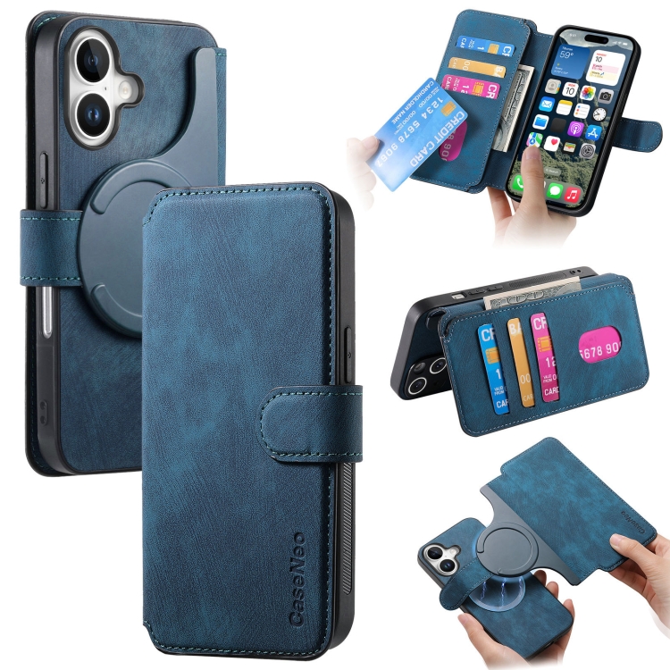 

For iPhone 16 Plus CaseNeo MagSafe RFID Anti-theft Retro Leather Phone Case(Blue)
