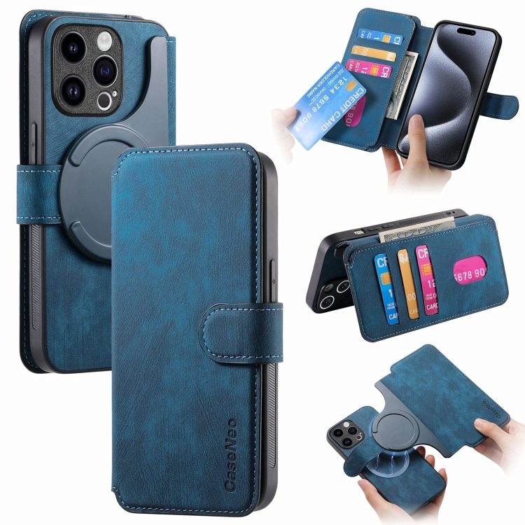 

For iPhone 15 Pro Max CaseNeo MagSafe RFID Anti-theft Retro Leather Phone Case(Blue)