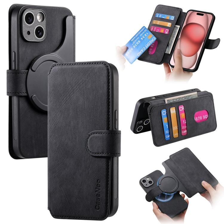 

For iPhone 15 Plus CaseNeo MagSafe RFID Anti-theft Retro Leather Phone Case(Black)