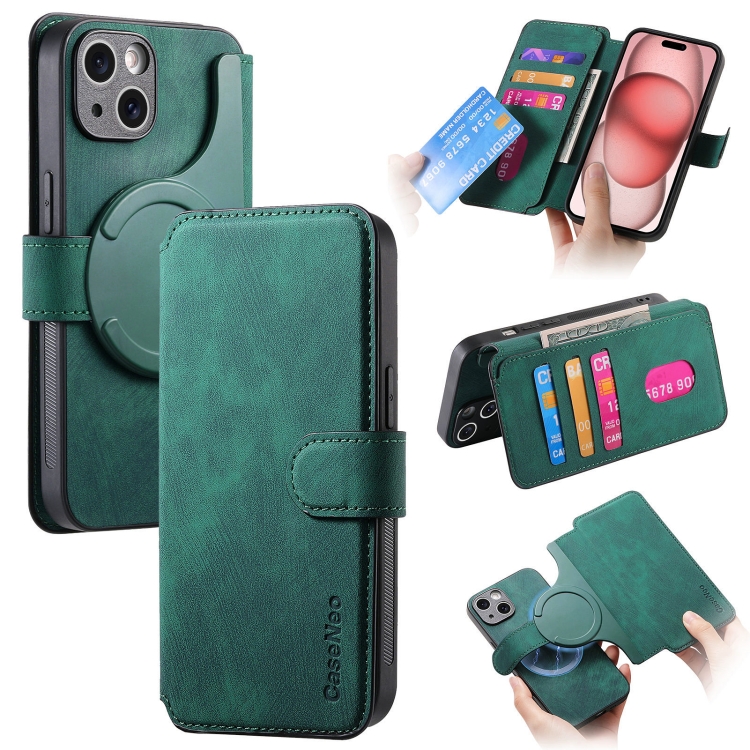 

For iPhone 15 Plus CaseNeo MagSafe RFID Anti-theft Retro Leather Phone Case(Green)