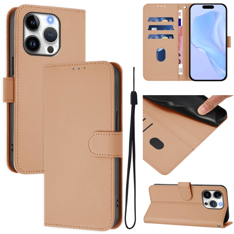 

For iPhone 16 Pro Skin Feel Solid Color Leather Phone Case with Lanyard(Nude)
