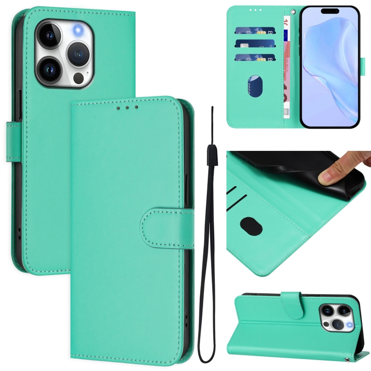 

For iPhone 16 Pro Skin Feel Solid Color Leather Phone Case with Lanyard(Green)