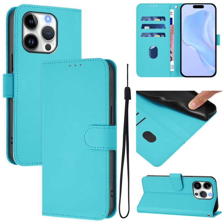 

For iPhone 16 Pro Skin Feel Solid Color Leather Phone Case with Lanyard(Lake Blue)