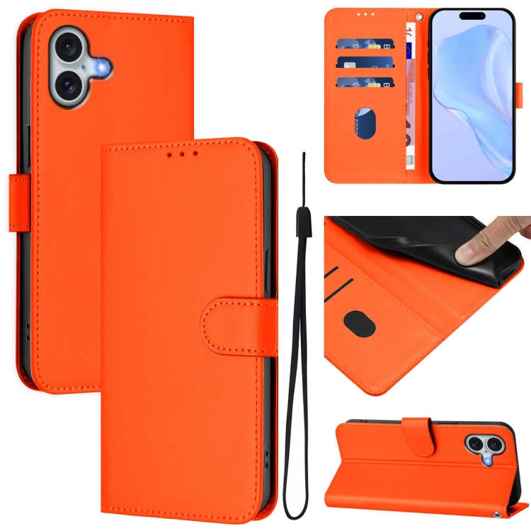 

For iPhone 16 Plus Skin Feel Solid Color Leather Phone Case with Lanyard(Orange)