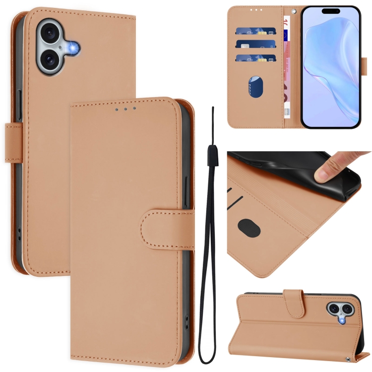 

For iPhone 16 Plus Skin Feel Solid Color Leather Phone Case with Lanyard(Nude)