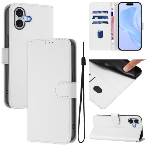 

For iPhone 16 Plus Skin Feel Solid Color Leather Phone Case with Lanyard(White)