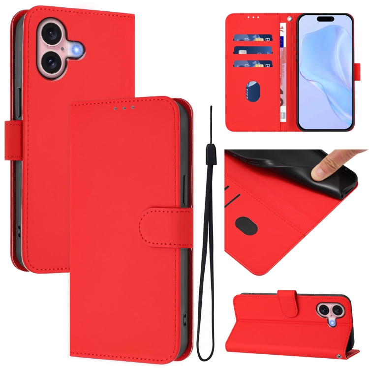 

For iPhone 16 Skin Feel Solid Color Leather Phone Case with Lanyard(Red)