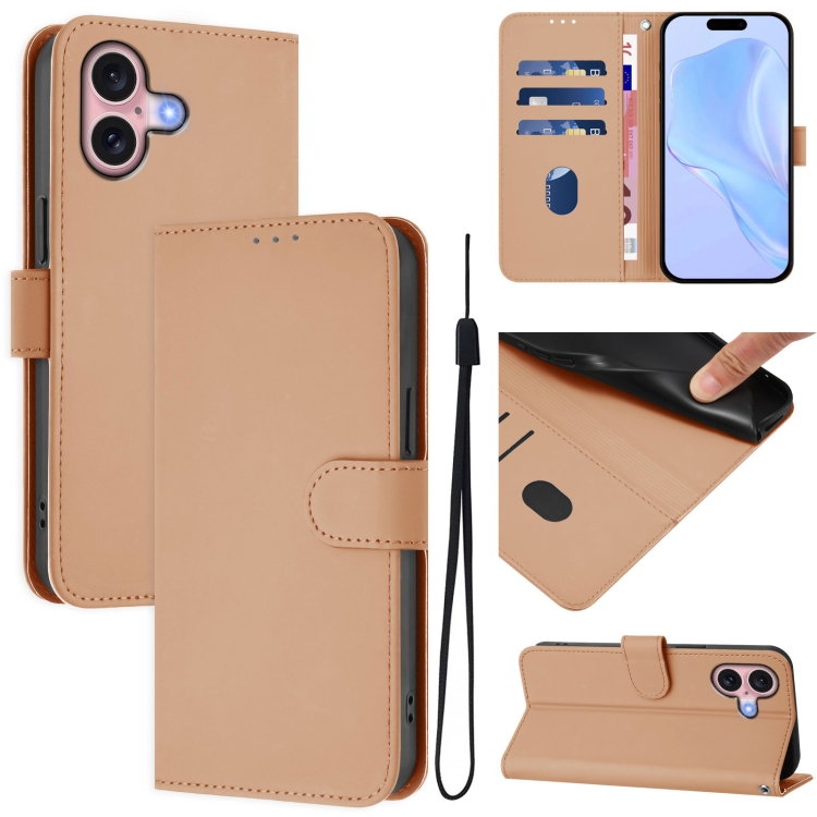 

For iPhone 16 Skin Feel Solid Color Leather Phone Case with Lanyard(Nude)