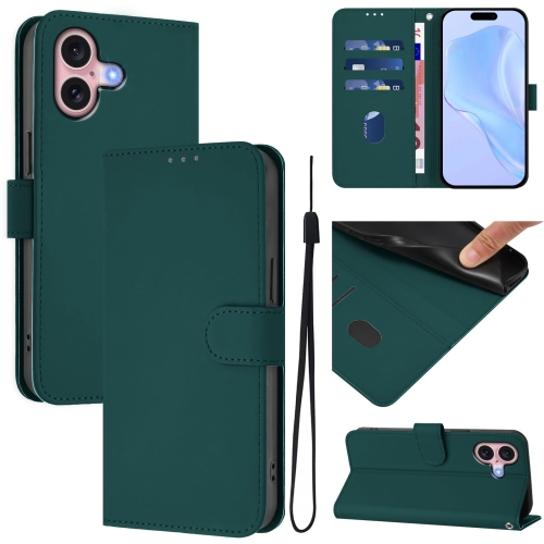 

For iPhone 16 Skin Feel Solid Color Leather Phone Case with Lanyard(Dark Green)