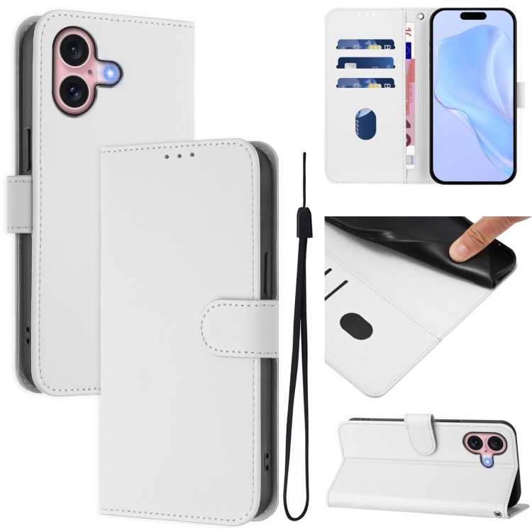 

For iPhone 16 Skin Feel Solid Color Leather Phone Case with Lanyard(White)