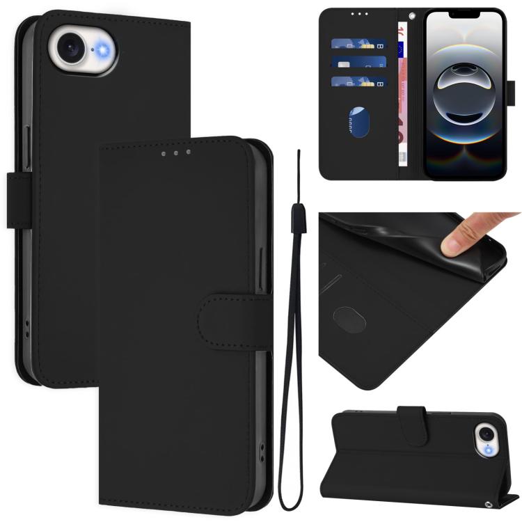 

For iPhone 16e Skin Feel Solid Color Leather Phone Case with Lanyard(Black)