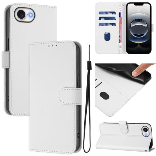 

For iPhone 16e Skin Feel Solid Color Leather Phone Case with Lanyard(White)