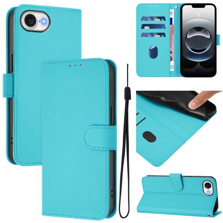 

For iPhone 16e Skin Feel Solid Color Leather Phone Case with Lanyard(Lake Blue)