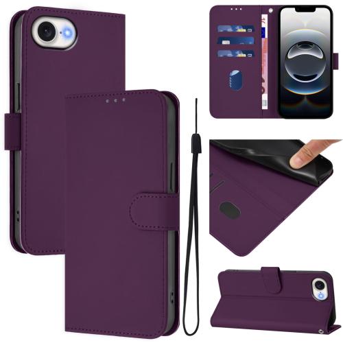 

For iPhone 16e Skin Feel Solid Color Leather Phone Case with Lanyard(Violet)