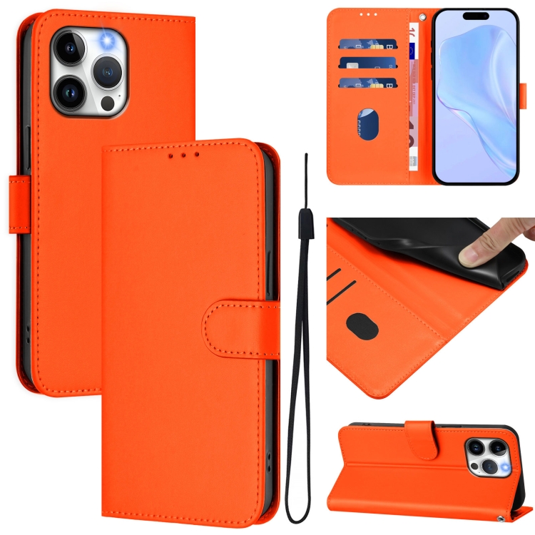 

For iPhone 15 Pro Max Skin Feel Solid Color Leather Phone Case with Lanyard(Orange)
