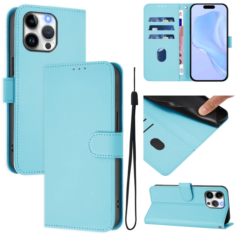 For iPhone 15 Pro Max Skin Feel Solid Color Leather Phone Case with Lanyard(Sky Blue)
