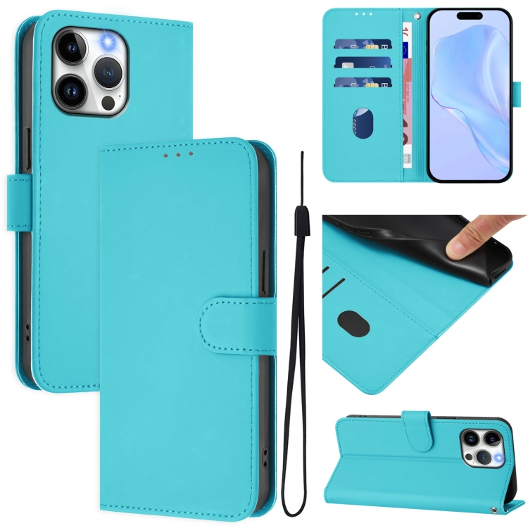 

For iPhone 15 Pro Max Skin Feel Solid Color Leather Phone Case with Lanyard(Lake Blue)