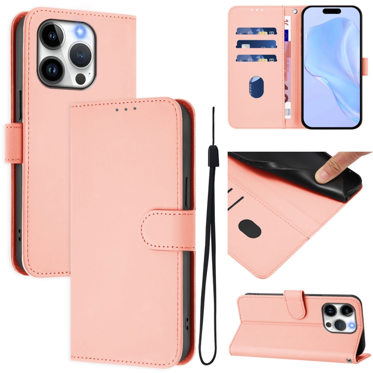 

For iPhone 15 Pro Skin Feel Solid Color Leather Phone Case with Lanyard(Pink)