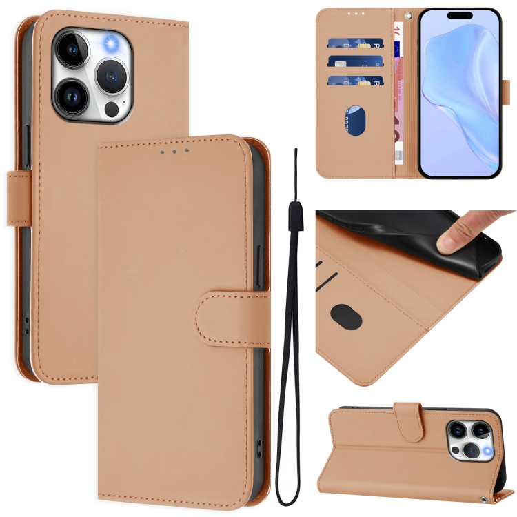 

For iPhone 15 Pro Skin Feel Solid Color Leather Phone Case with Lanyard(Nude)