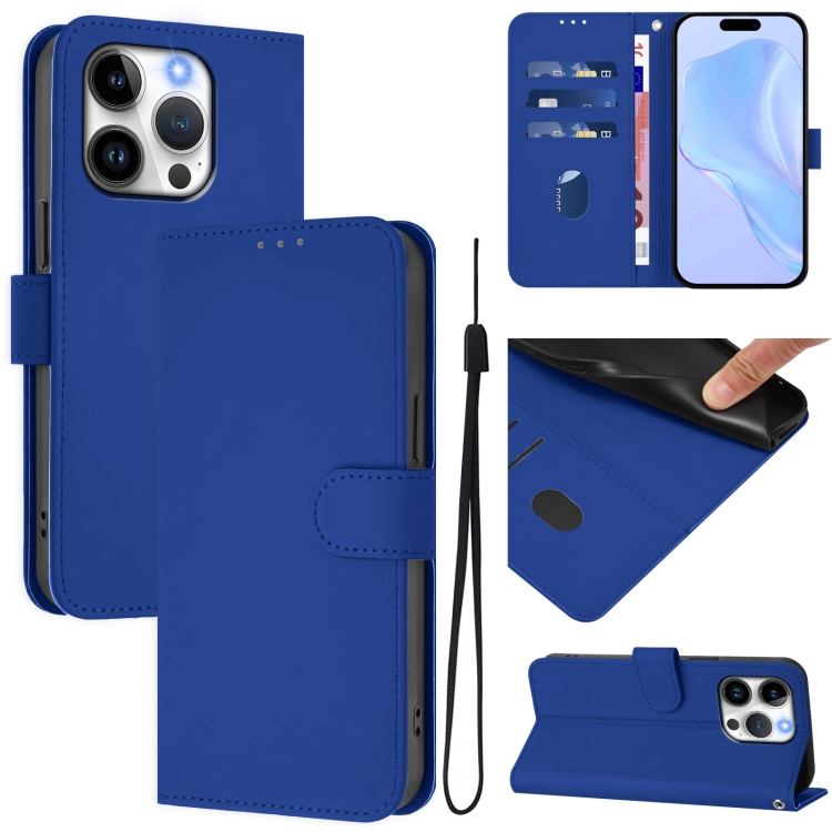 

For iPhone 15 Pro Skin Feel Solid Color Leather Phone Case with Lanyard(Dark Blue)