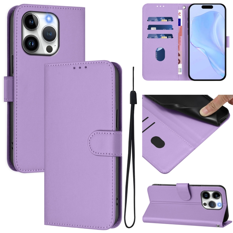 

For iPhone 15 Pro Skin Feel Solid Color Leather Phone Case with Lanyard(Lavender Purple)