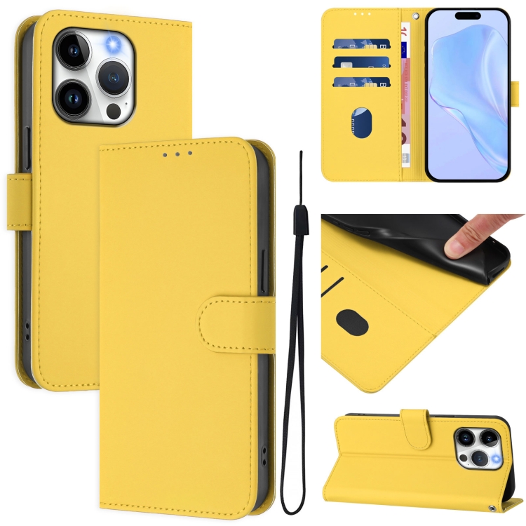 

For iPhone 15 Pro Skin Feel Solid Color Leather Phone Case with Lanyard(Lemon Yellow)