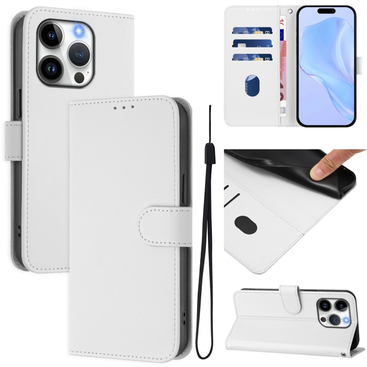 

For iPhone 15 Pro Skin Feel Solid Color Leather Phone Case with Lanyard(White)