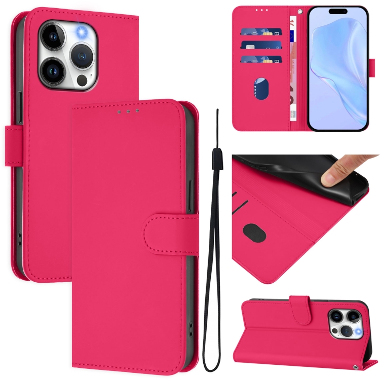 

For iPhone 15 Pro Skin Feel Solid Color Leather Phone Case with Lanyard(Rose Red)
