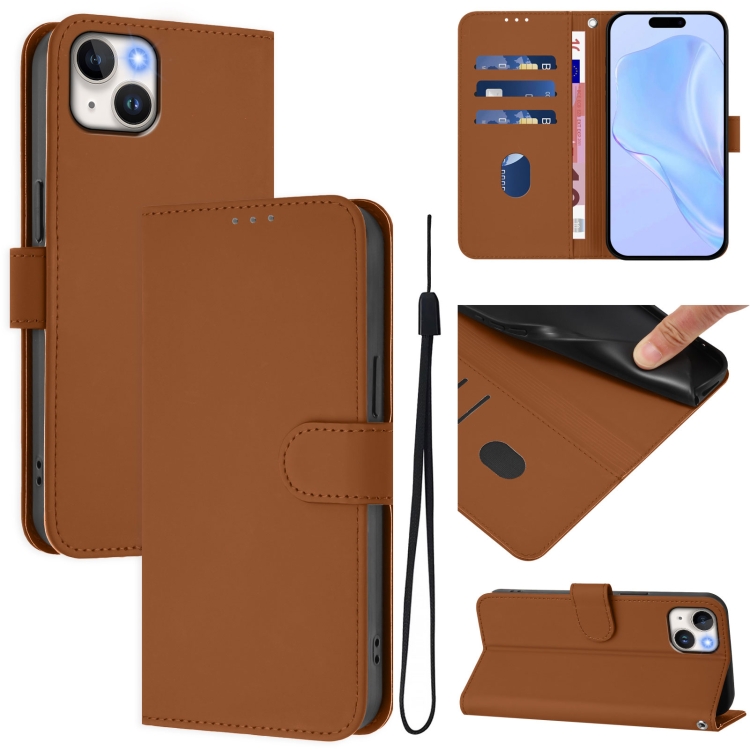 

For iPhone 15 Plus Skin Feel Solid Color Leather Phone Case with Lanyard(Brown)