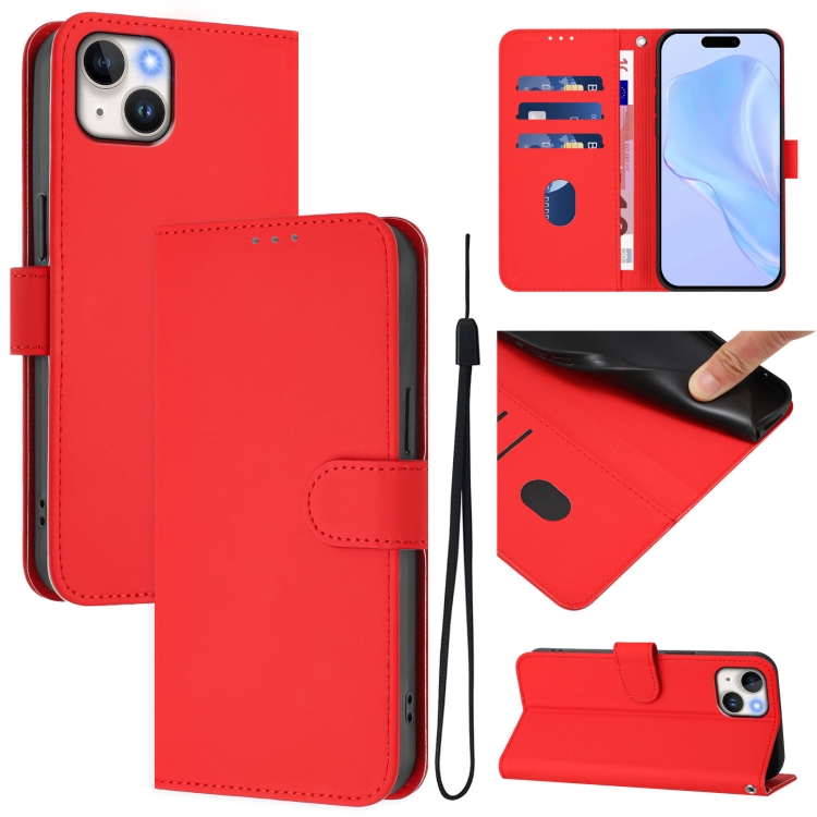 

For iPhone 15 Plus Skin Feel Solid Color Leather Phone Case with Lanyard(Red)