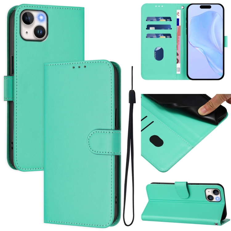 

For iPhone 15 Plus Skin Feel Solid Color Leather Phone Case with Lanyard(Green)
