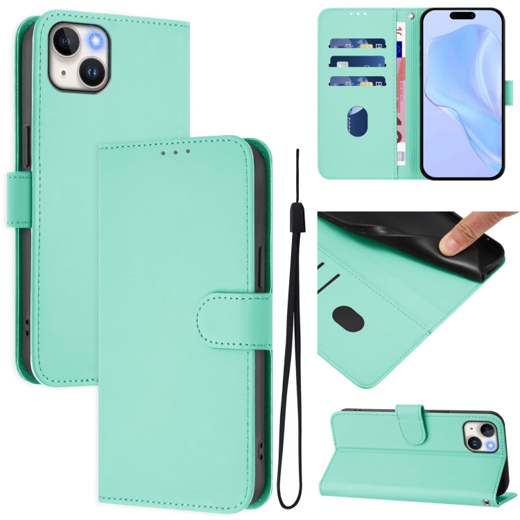 

For iPhone 15 Plus Skin Feel Solid Color Leather Phone Case with Lanyard(Mint Green)