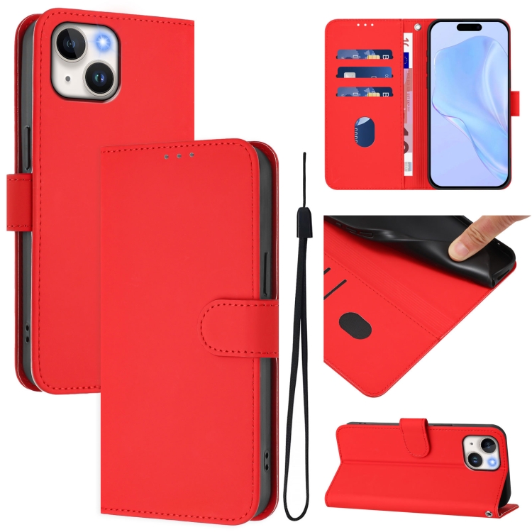 

For iPhone 15 Skin Feel Solid Color Leather Phone Case with Lanyard(Red)