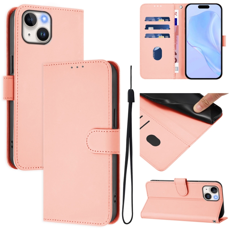 

For iPhone 15 Skin Feel Solid Color Leather Phone Case with Lanyard(Pink)