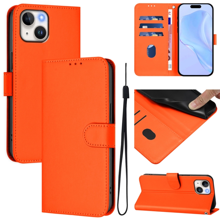 

For iPhone 15 Skin Feel Solid Color Leather Phone Case with Lanyard(Orange)