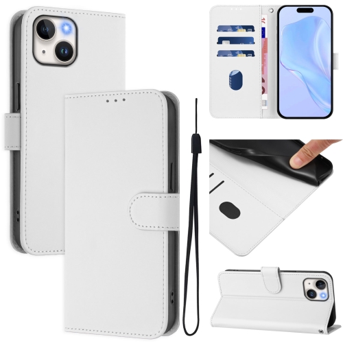 

For iPhone 15 Skin Feel Solid Color Leather Phone Case with Lanyard(White)