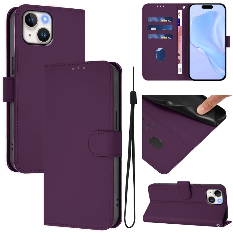 

For iPhone 15 Skin Feel Solid Color Leather Phone Case with Lanyard(Violet)