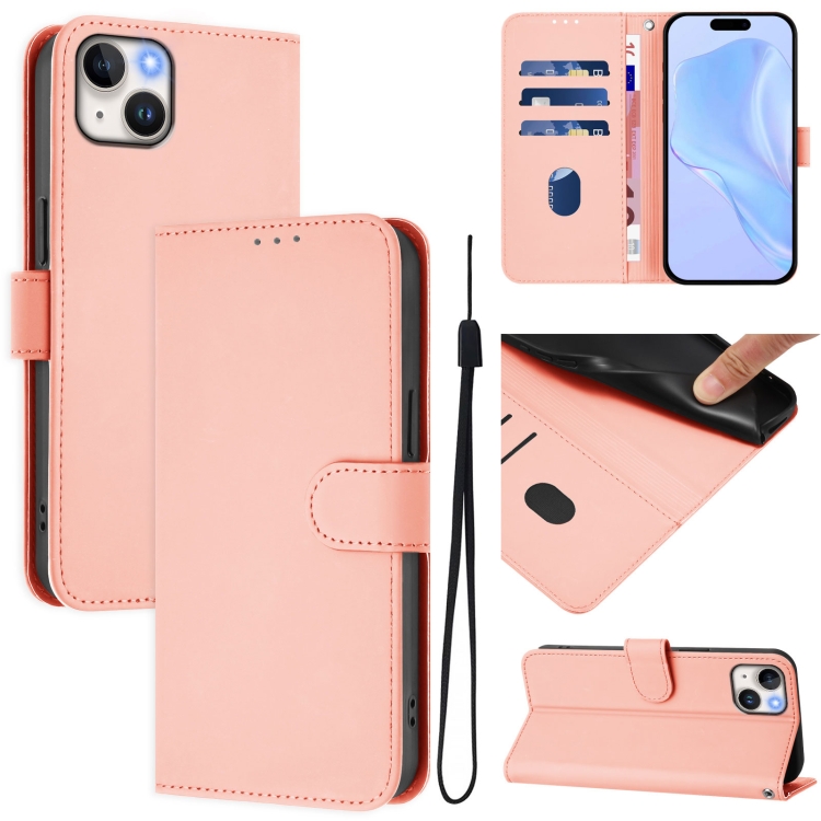 

For iPhone 14 Plus Skin Feel Solid Color Leather Phone Case with Lanyard(Pink)