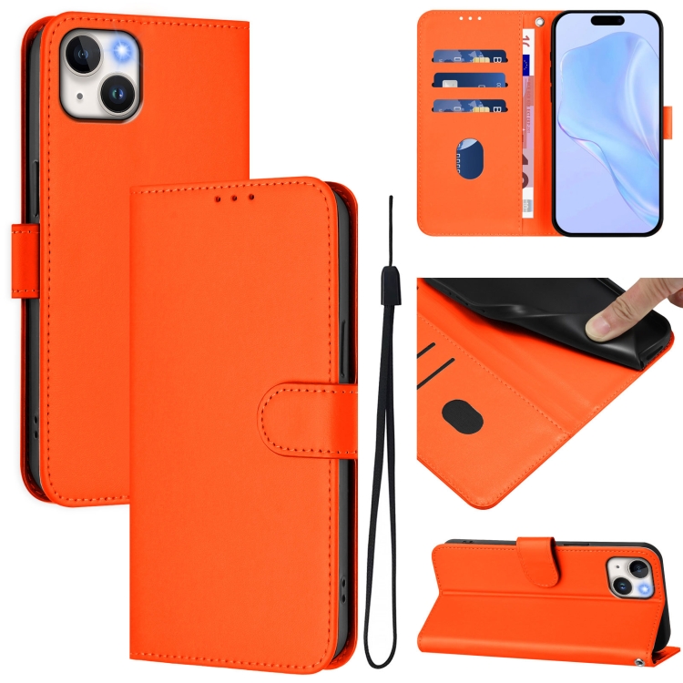 

For iPhone 14 Plus Skin Feel Solid Color Leather Phone Case with Lanyard(Orange)