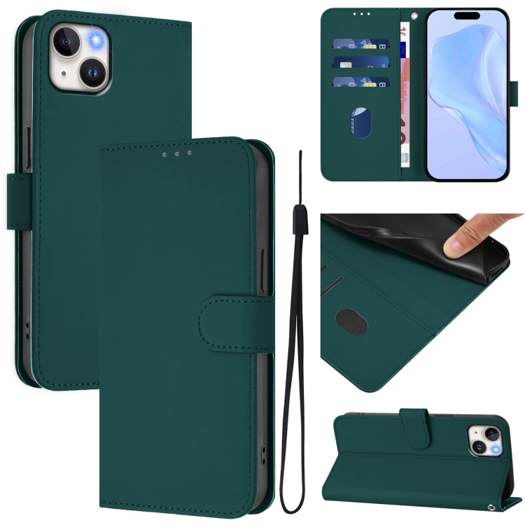 

For iPhone 14 Plus Skin Feel Solid Color Leather Phone Case with Lanyard(Dark Green)