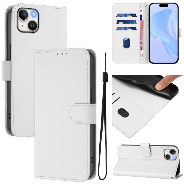 

For iPhone 14 Plus Skin Feel Solid Color Leather Phone Case with Lanyard(White)