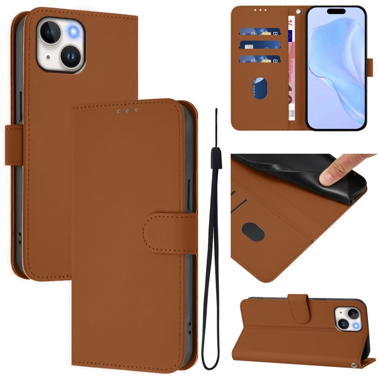 

For iPhone 14 / 13 Skin Feel Solid Color Leather Phone Case with Lanyard(Brown)