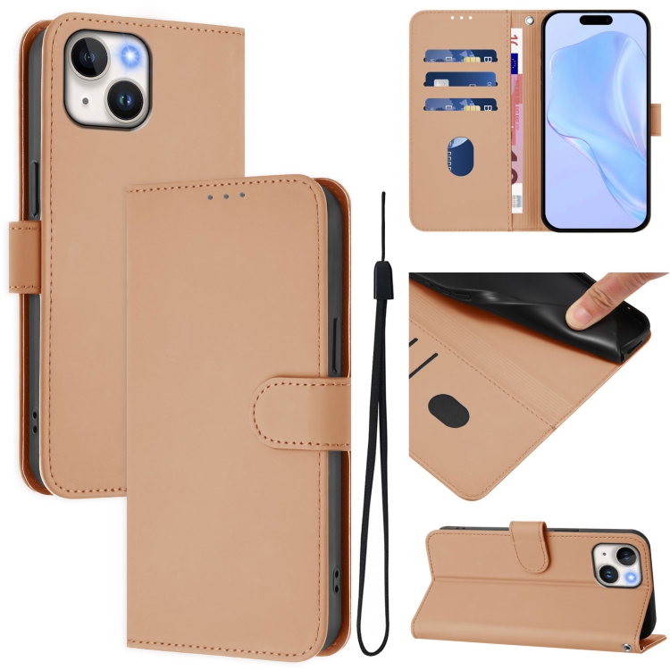 

For iPhone 14 / 13 Skin Feel Solid Color Leather Phone Case with Lanyard(Nude)