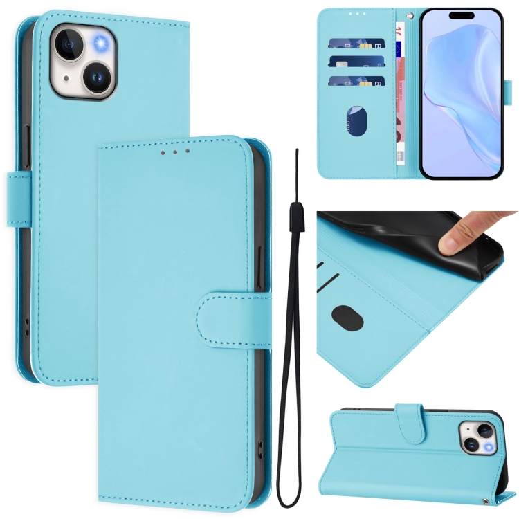 

For iPhone 14 / 13 Skin Feel Solid Color Leather Phone Case with Lanyard(Sky Blue)