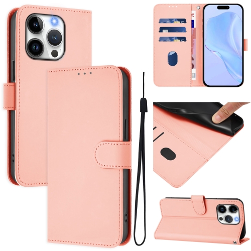 

For iPhone 14 Pro Skin Feel Solid Color Leather Phone Case with Lanyard(Pink)