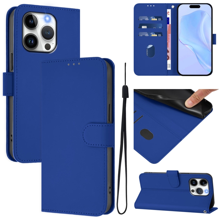 

For iPhone 14 Pro Skin Feel Solid Color Leather Phone Case with Lanyard(Dark Blue)