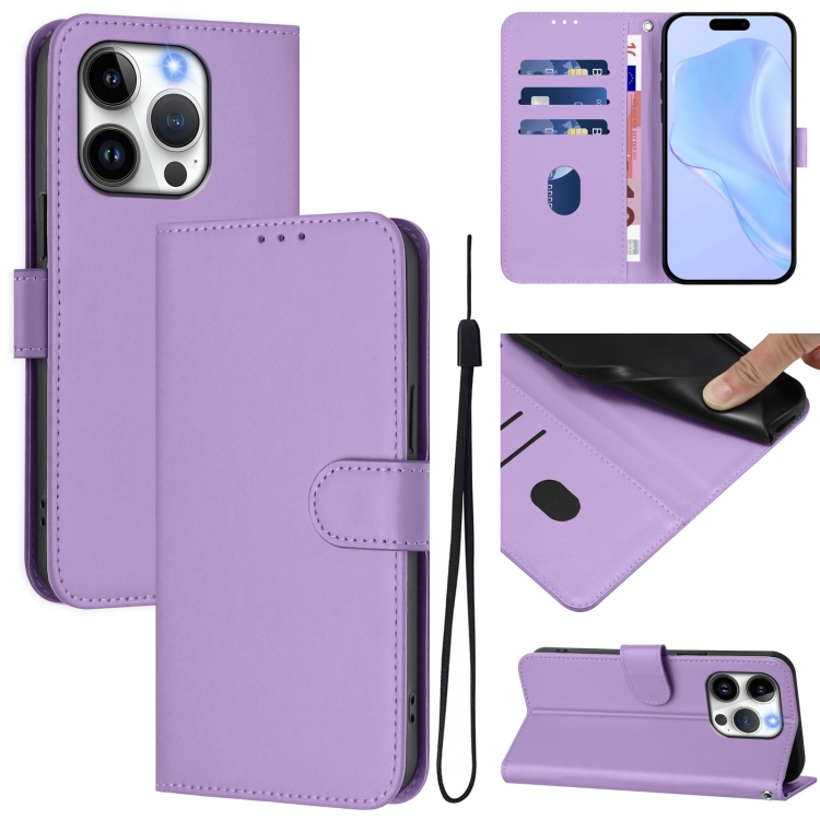 

For iPhone 14 Pro Skin Feel Solid Color Leather Phone Case with Lanyard(Lavender Purple)